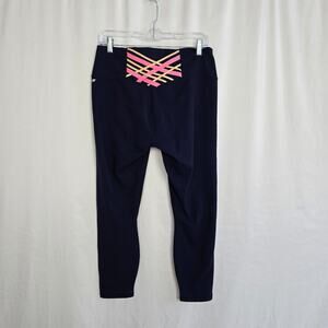 Powerhold Fabletics Leggings Women's L Dark Blue Pink Yellow Athletic Run Yoga